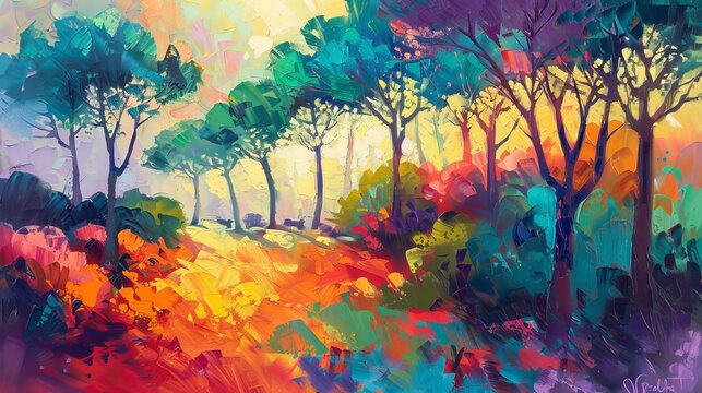 A colorful painting of trees in a landscape. The painting is done in the impressionist style, with thick brushstrokes and vibrant colors.