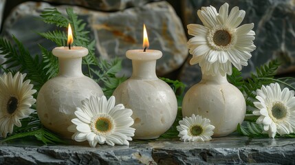 Obraz na płótnie Canvas Three vases, arranged together, hold flowers before a stony surface
