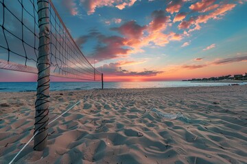 Breathtaking sunset over a tranquil beach, focusing on the net of a volleyball court, dominating the foreground with vivid colors