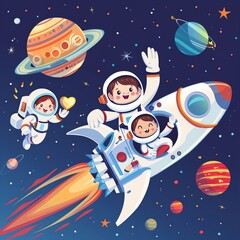 Fototapeta premium Two cute astronauts riding on a rocket, flying in space with planets and stars around them The astronaut is waving while holding a heartshaped bubble gum They have white spacesuits with black trim and