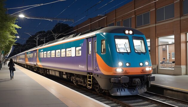 train at night, The train  in bright colours on rails and delivers goods and people by rail in bright colours 