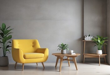 Yellow armchair and a wooden table in living room interior with plant in bright colours 