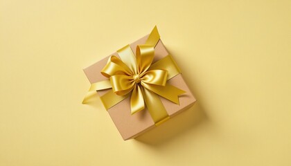 Fototapeta na wymiar Gift box with golden satin in bright colours and bow on yellow background