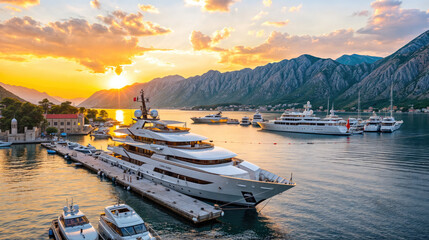 Luxury yacht anchored in a calm bay at sunset - obrazy, fototapety, plakaty
