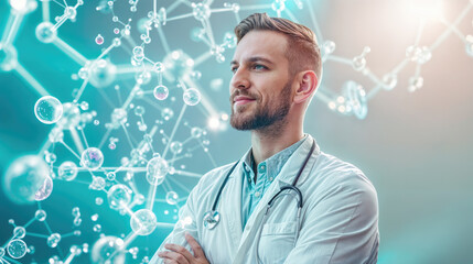 male doctor with crossed arms against the background of floating molecular structures. - Powered by Adobe