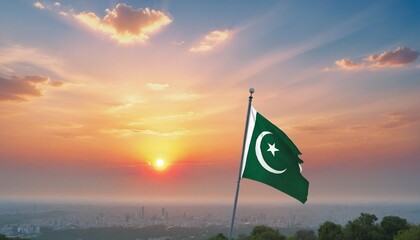 bright colours illustration of the pakistan national flag with a sunset in the background in bright colours  - obrazy, fototapety, plakaty