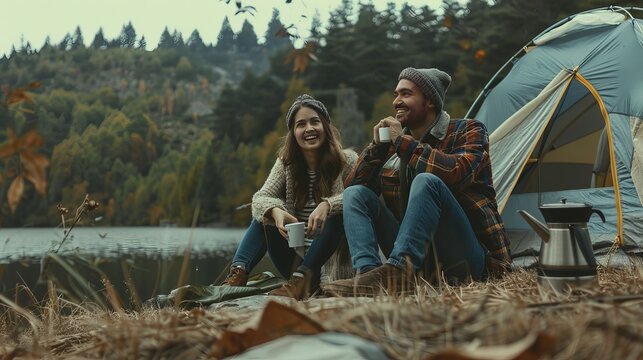 A cheerful couple spends a day out in nature. They sit by their tent, sip coffee, and take in the beauty around them.