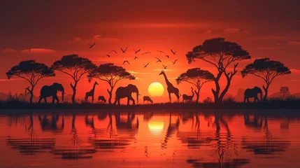 Cercles muraux Rouge   A herd of giraffes grazes on a lush green field beside a tranquil river during sunset
