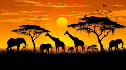 Fototapeta na wymiar A group of giraffes and elephants are silhouetted against an orange sunset sky