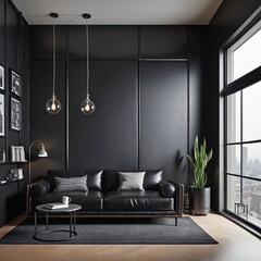 Black living room interior with leather sofa in Bright Colours 