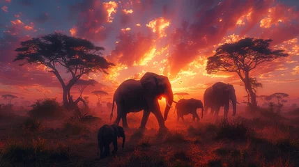 Foto op Aluminium   A herd of elephants atop a grass-covered field, beneath a cloudy sky, as the sun sets © Anna