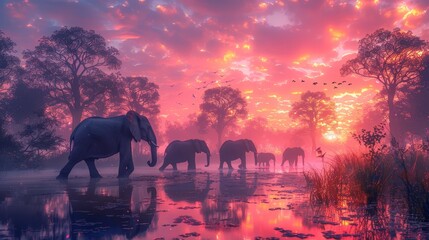   A herd of elephants traverses a water body as a pink sky hangs above, graced by a flock of flying birds