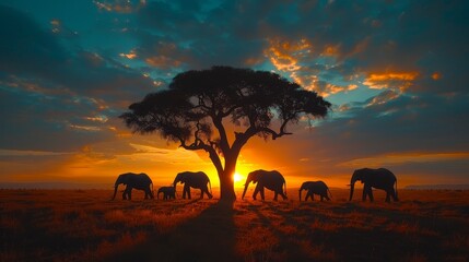 Fototapeta na wymiar A cluster of elephants faces a solitary tree as the sun sets, casting an orange glow in the backdrop