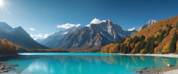 Mysterious mountain lake in bright colours with turquoise water in the autumn day