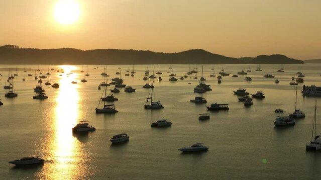 View of the bay with boats, dawn, aerial video from a drone