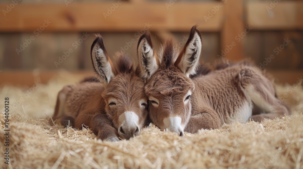 Canvas Prints a couple of donkeys rest next to each other atop a high stack of hay on a wooden floor