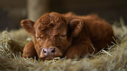   A tight shot of a brown cow reclining in a haystack, its head positioned on its side