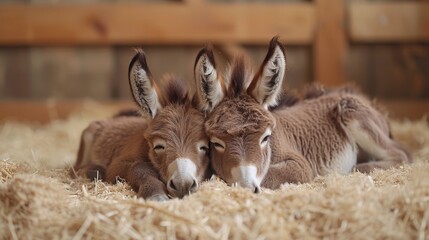   A couple of donkeys rest next to each other atop a high stack of hay on a wooden floor