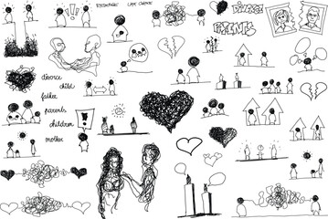 hand drawn sketches of topics regarding family life and partnership and divorce - obrazy, fototapety, plakaty
