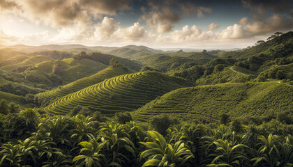 Coffee plantation. Fantastic mountain landscape. High mountain coffee plantation