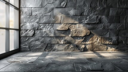   A room featuring a stone wall and a large window offering views of both inside and outside