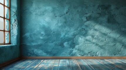   A room featuring a blue wall, a window, and wooden floors on adjacent sides - obrazy, fototapety, plakaty