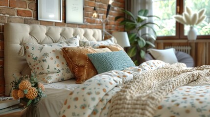   A bedroom featuring a brick wall and a bed with a white headboard, adorned with an ample collection of pillows
