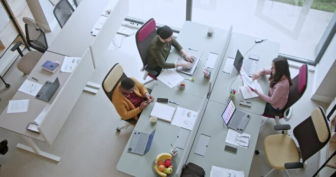 In a well-lit office space, a multiracial, inclusive group of business people is working on a project, using laptops, tablets, and paperwork, showcasing their diverse skills and collaborative spirit.