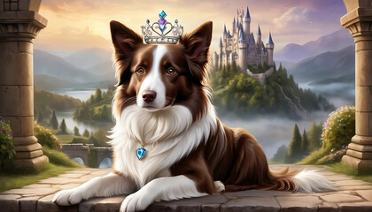 A brown and white border collie dog with a blue diamond necklace, wearing an emerald crown 