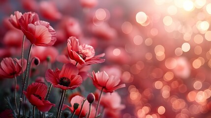   A tight shot of red blooms with a blurred background of backlight - obrazy, fototapety, plakaty