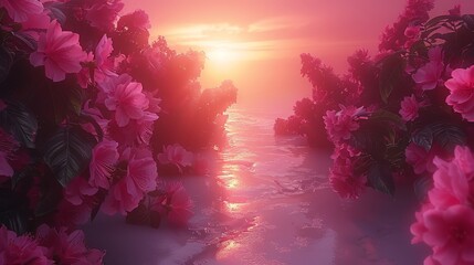   A sunset painting over a body of water featuring pink foreground flowers and a background water scene
