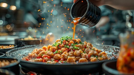   A person pours sauce over a plate of food on the stove top Other plates of food are visible in the background - obrazy, fototapety, plakaty