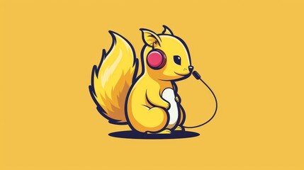   A squirrel cartoon character, listeningly wore headphones and held a microphone in its mouth against a vibrant yellow background
