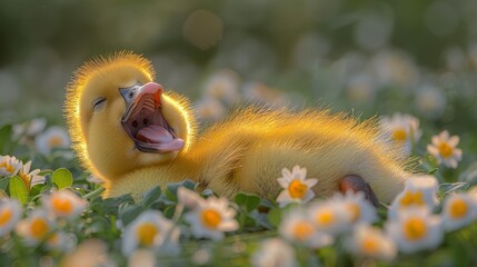   A tight shot of a duckling in a blooming meadow, tongue extended and mouth agape