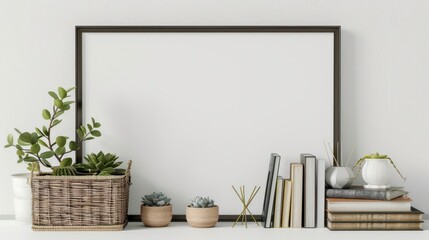 Blank Black Frame. Wooden Black Frame with plants in vases,mock up