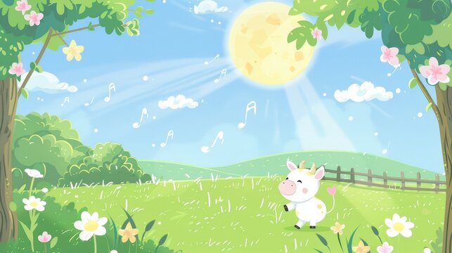   A cartoon cow in a field with musical notes floating above in the sky, and vibrant flowers blooming in the foreground
