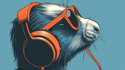   A drawing of a cat wearing headphones with one ear and the nose covered - obrazy, fototapety, plakaty