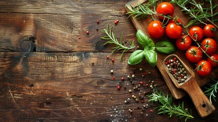 Fresh Tomatoes and Herbs on a Cutting Board - obrazy, fototapety, plakaty