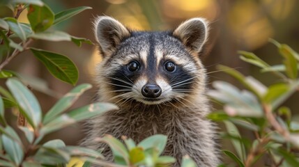   A tight shot of a raccoon in a tree, gazing at the camera with an expression of astonishment - obrazy, fototapety, plakaty