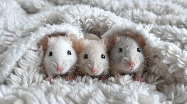   Three white mice on a highest white blanket