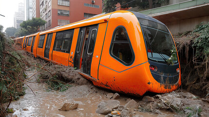 An orange subway train derailed and partially submerged in muddy water near buildings. - obrazy, fototapety, plakaty