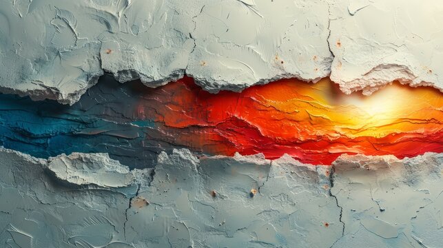   An abstract painting featuring red, orange, and blue pigment smears Incorporates white and blue streaks
