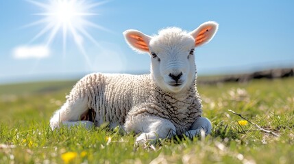 Obraz premium A lamb reclining in a verdant field under the sun's radiant backdrop
