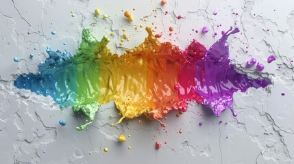   A white surface is adorned with a vibrant rainbow-hued paint splatter, its center graced by an emergent rainbow