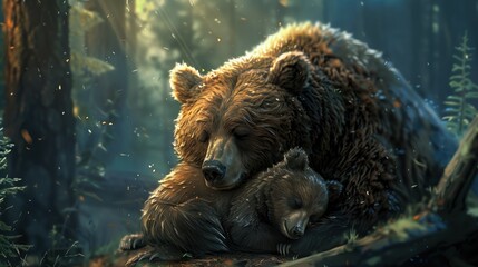Wildlife Photography, Tender Moment with Mother Bear and Cub in Forest - obrazy, fototapety, plakaty