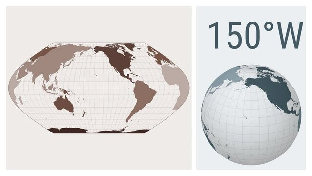 World Map Animation. Eckert VI projection. Colored continents style. Animated world map in Eckert 6 projection. Loopable animation showing longitude shift and matching globe.