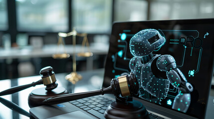 The concept of AI ethics and AI law is symbolized by a judicial gavel resting alongside a laptop adorned with legal astute icons on a table.  - obrazy, fototapety, plakaty
