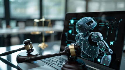 Foto op Plexiglas The concept of AI ethics and AI law is symbolized by a judicial gavel resting alongside a laptop adorned with legal astute icons on a table.  © Bahram