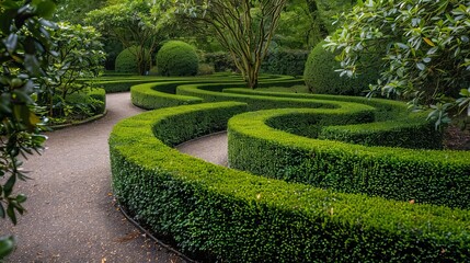 A hedge trimmed like a puzzle maze, creating a labyrinthine garden path.
