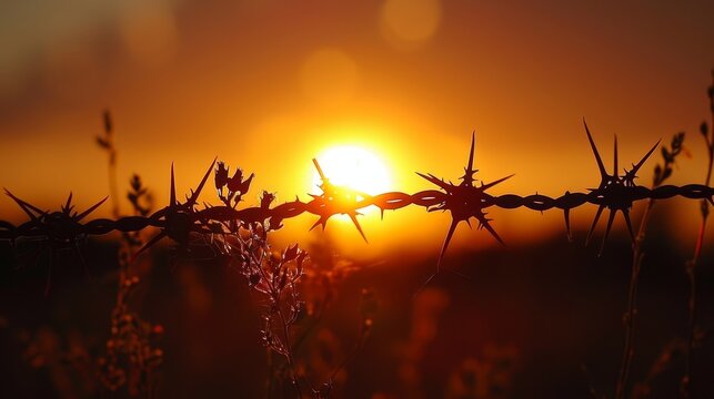   A close-up of barbed wire fence against sunset in the background